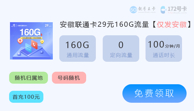 安徽联通有什么好套餐业务？推荐联通专属卡29元160G+100分钟